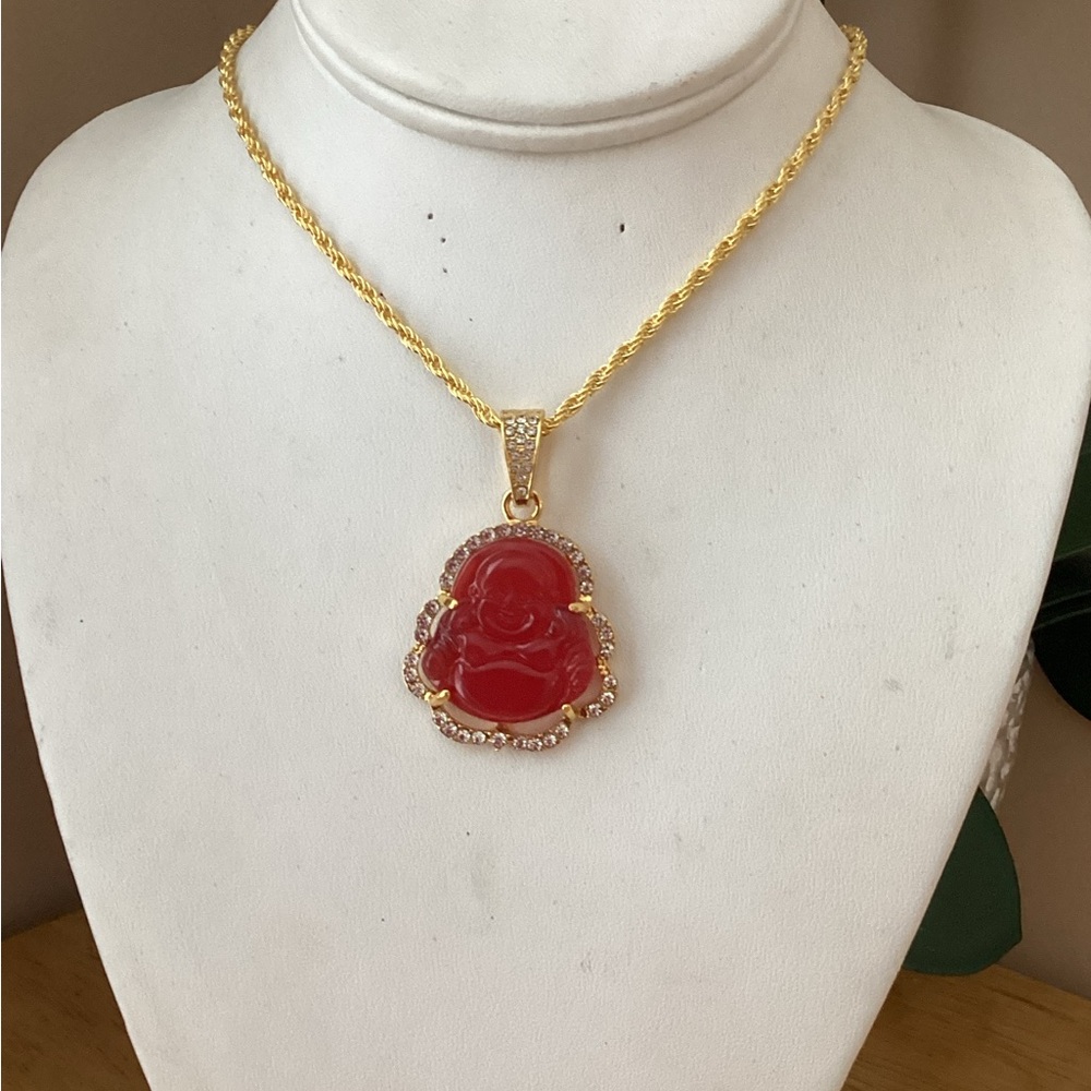 Gold and Red Buddha Pendant Necklace - Picture 2 of 10